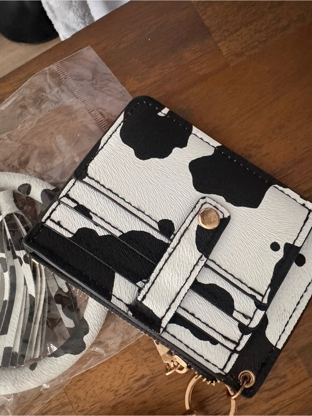 SHEIN Black and White Cow Print Wristlet Keychain with Tassel